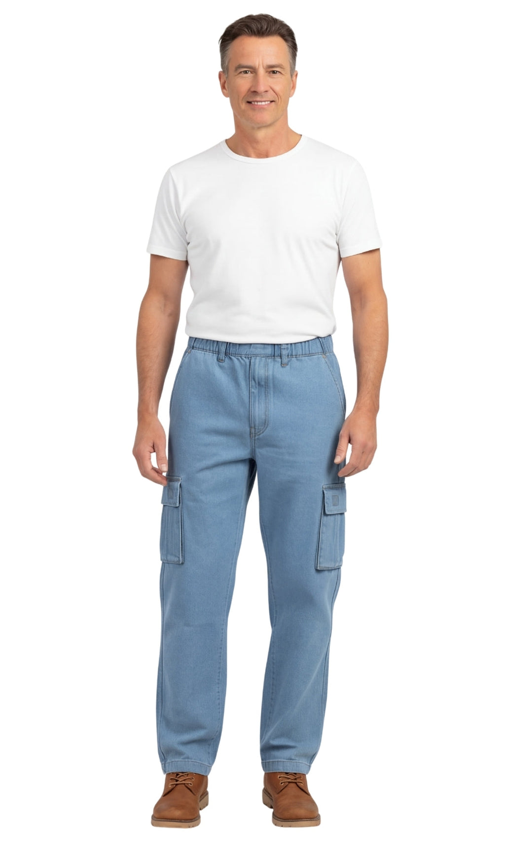Men's Lightweight Double Cargo Pocket Pull-On Jeans – Cotton Blend Cargo Pants with Elastic Waist - WonderingCloth