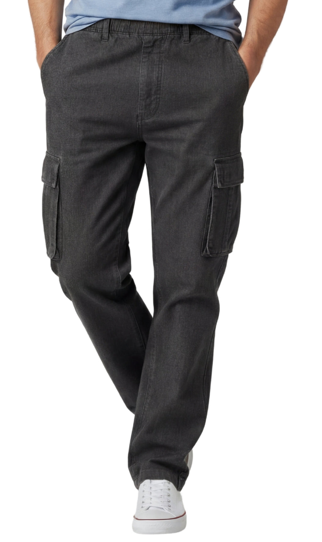 Men's Lightweight Double Cargo Pocket Pull-On Jeans – Cotton Blend Cargo Pants with Elastic Waist - WonderingCloth