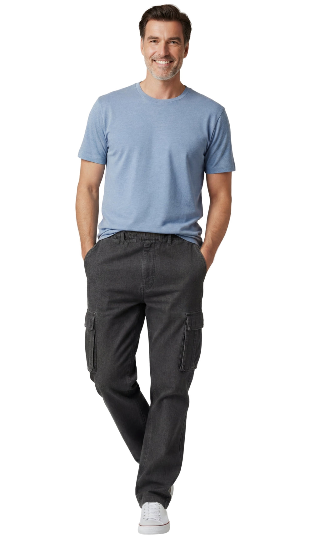 Men's Lightweight Double Cargo Pocket Pull-On Jeans – Cotton Blend Cargo Pants with Elastic Waist - WonderingCloth