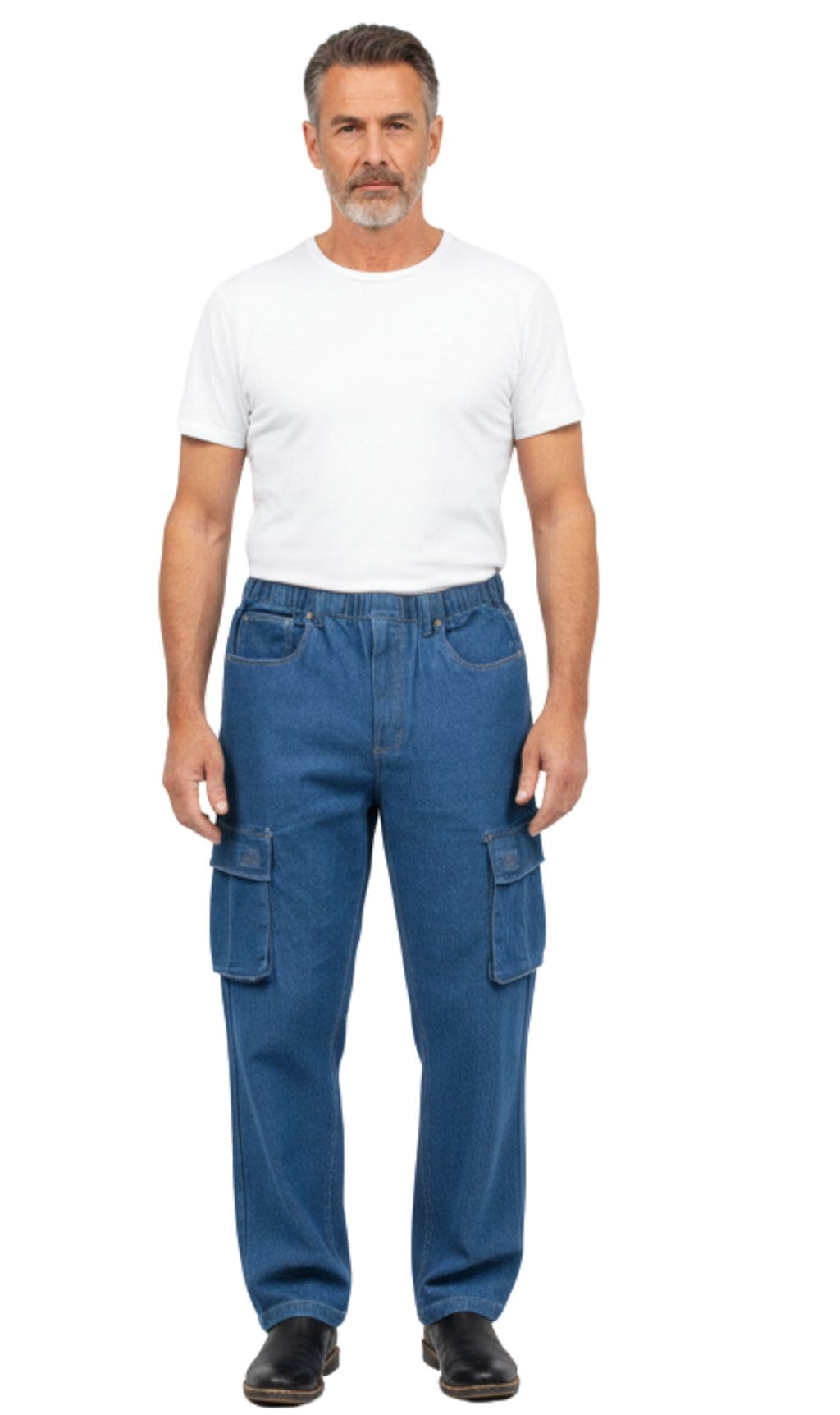 Men's Lightweight Double Cargo Pocket Pull-On Jeans – Cotton Blend Cargo Pants with Elastic Waist - WonderingCloth
