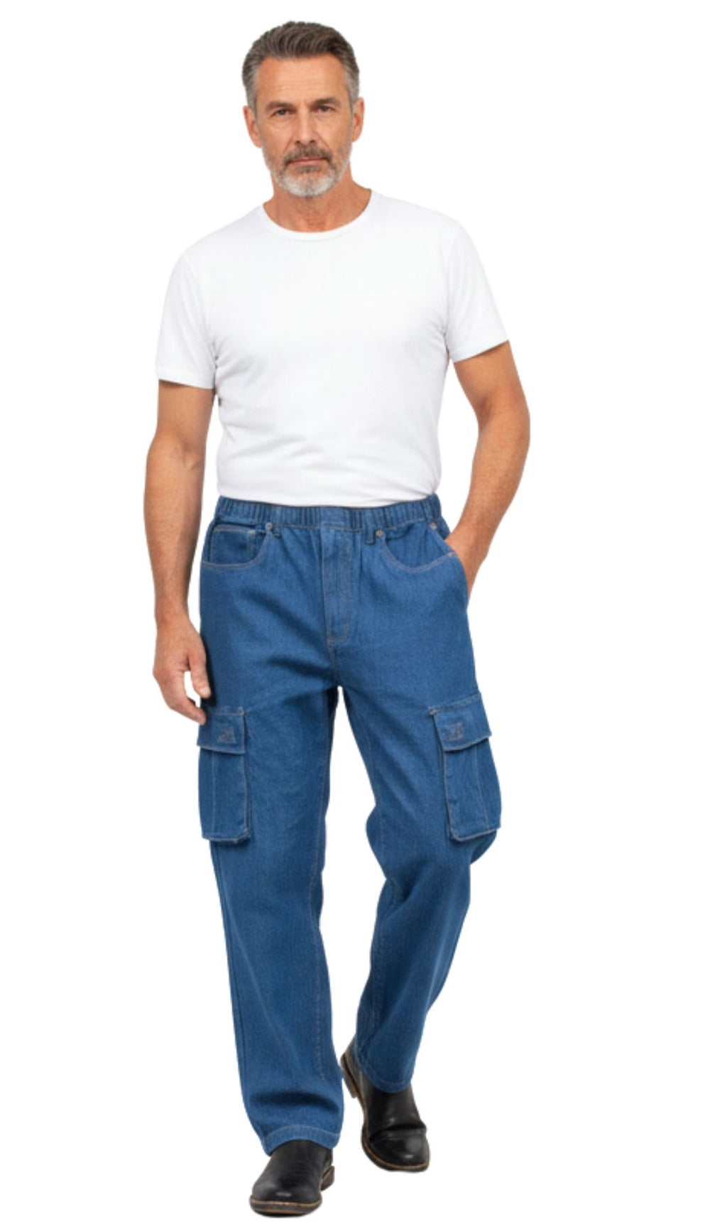 Men's Lightweight Double Cargo Pocket Pull-On Jeans – Cotton Blend Cargo Pants with Elastic Waist - WonderingCloth