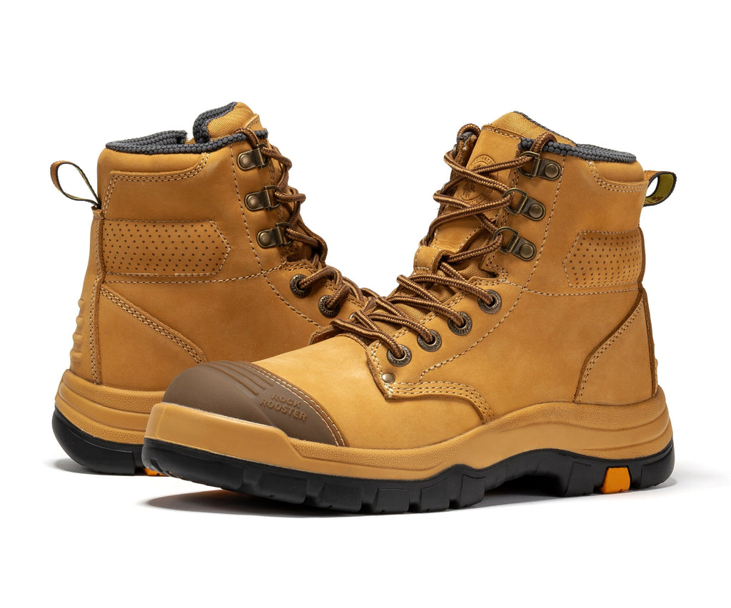 ROCKROOSTER Madison Tan 6 inch Zip-sided Steel Toe Leather Work Boots AK052 - WonderingCloth