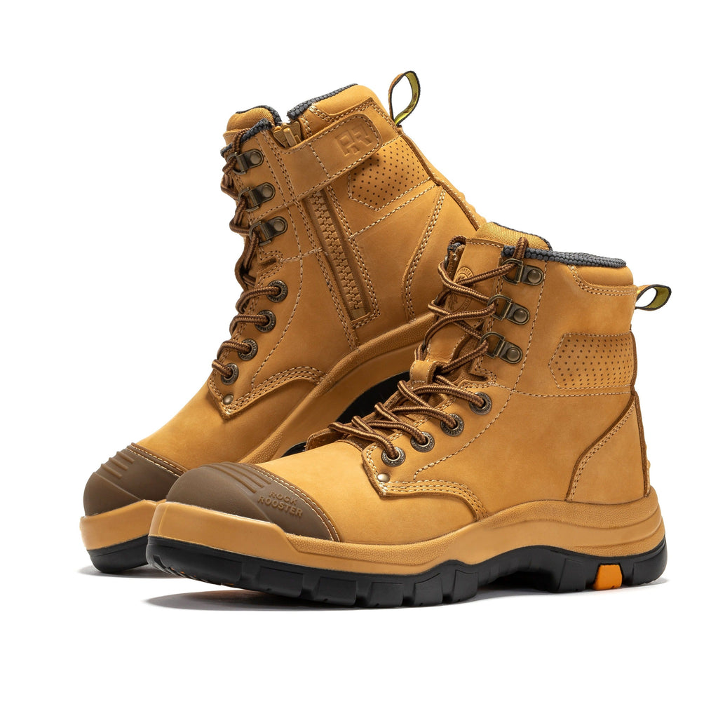ROCKROOSTER Madison Tan 6 inch Zip-sided Steel Toe Leather Work Boots AK052 - WonderingCloth