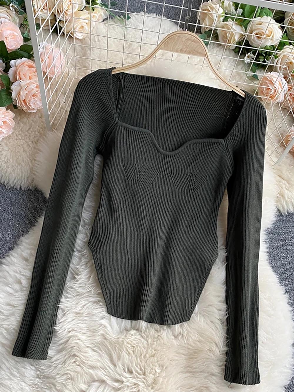 Square Collar Irregular Long Sleeve Woman Sweaters | NCS - WonderingCloth