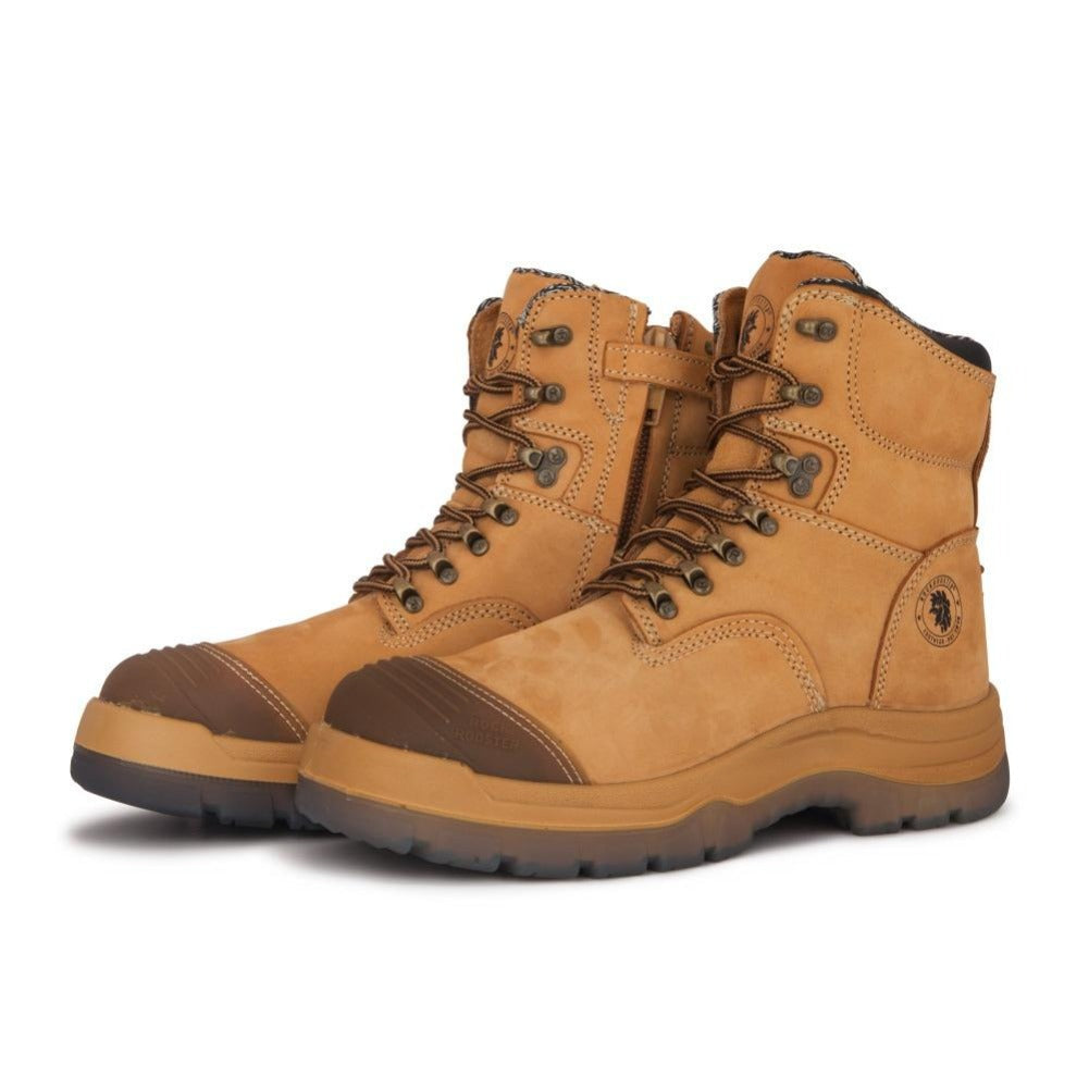ROCKROOSTER Kimberly Tan 7 inch Zip-sided Steel Toe Leather Work Boots AK232Z - WonderingCloth