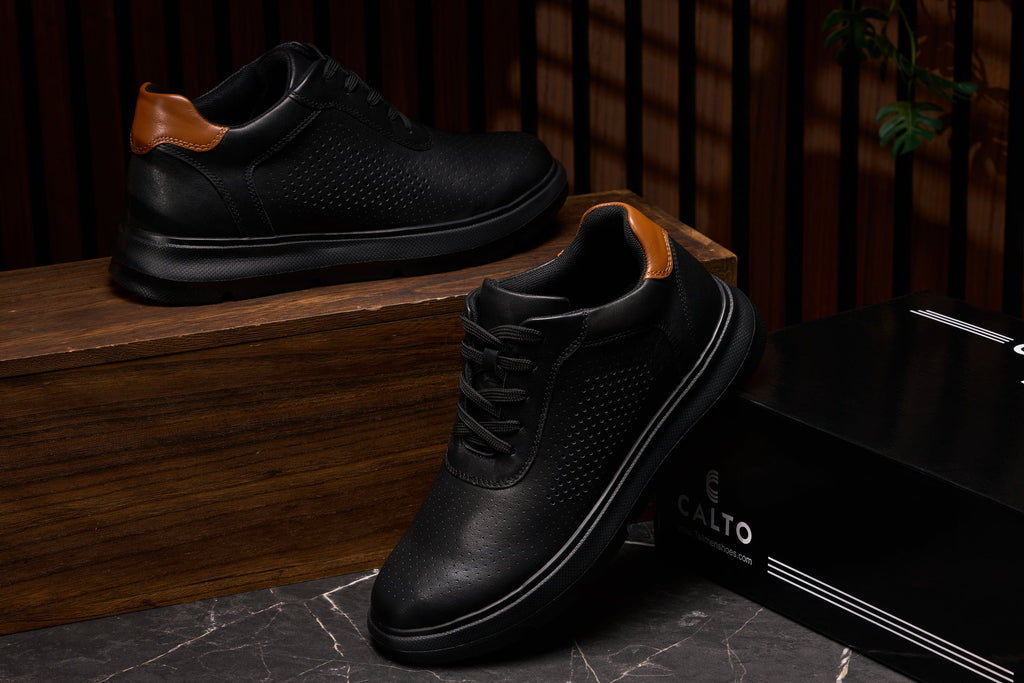CALTO - J1580  - 2.6 Inches Taller (Black/Black Sole) - Lightweight Casual Walkers - WonderingCloth
