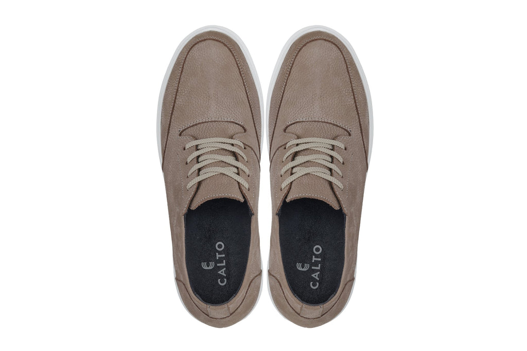 CALTO - J1770  - 3.2 Inches Taller (Khaki) - Casual Chunky Sole Boots – Soft Pebble Grain Nubuck Leather - WonderingCloth