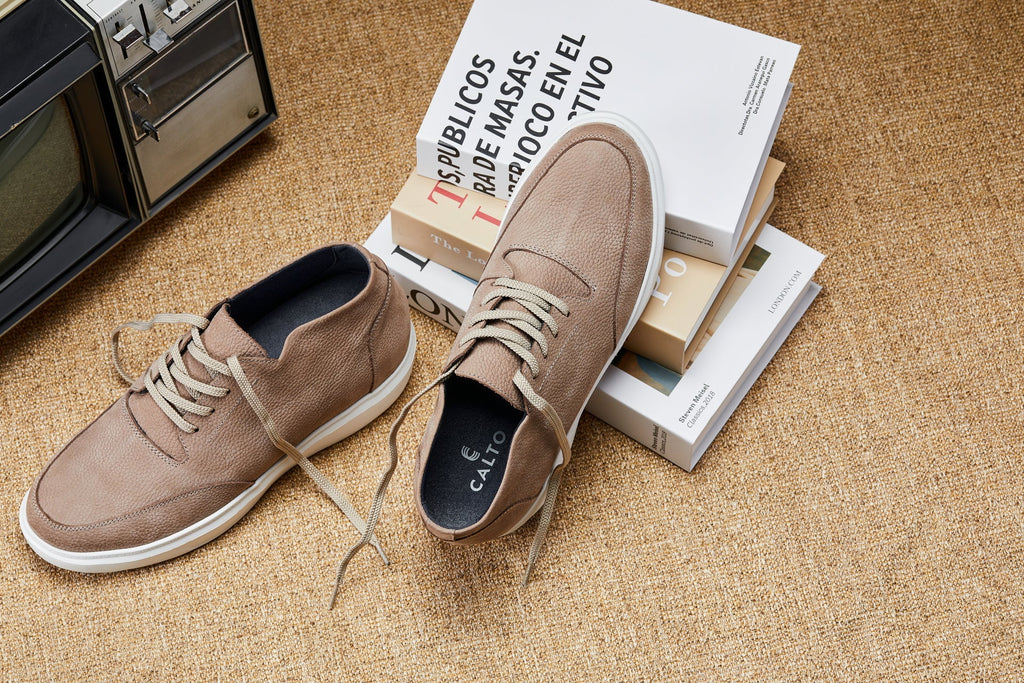 CALTO - J1770  - 3.2 Inches Taller (Khaki) - Casual Chunky Sole Boots – Soft Pebble Grain Nubuck Leather - WonderingCloth
