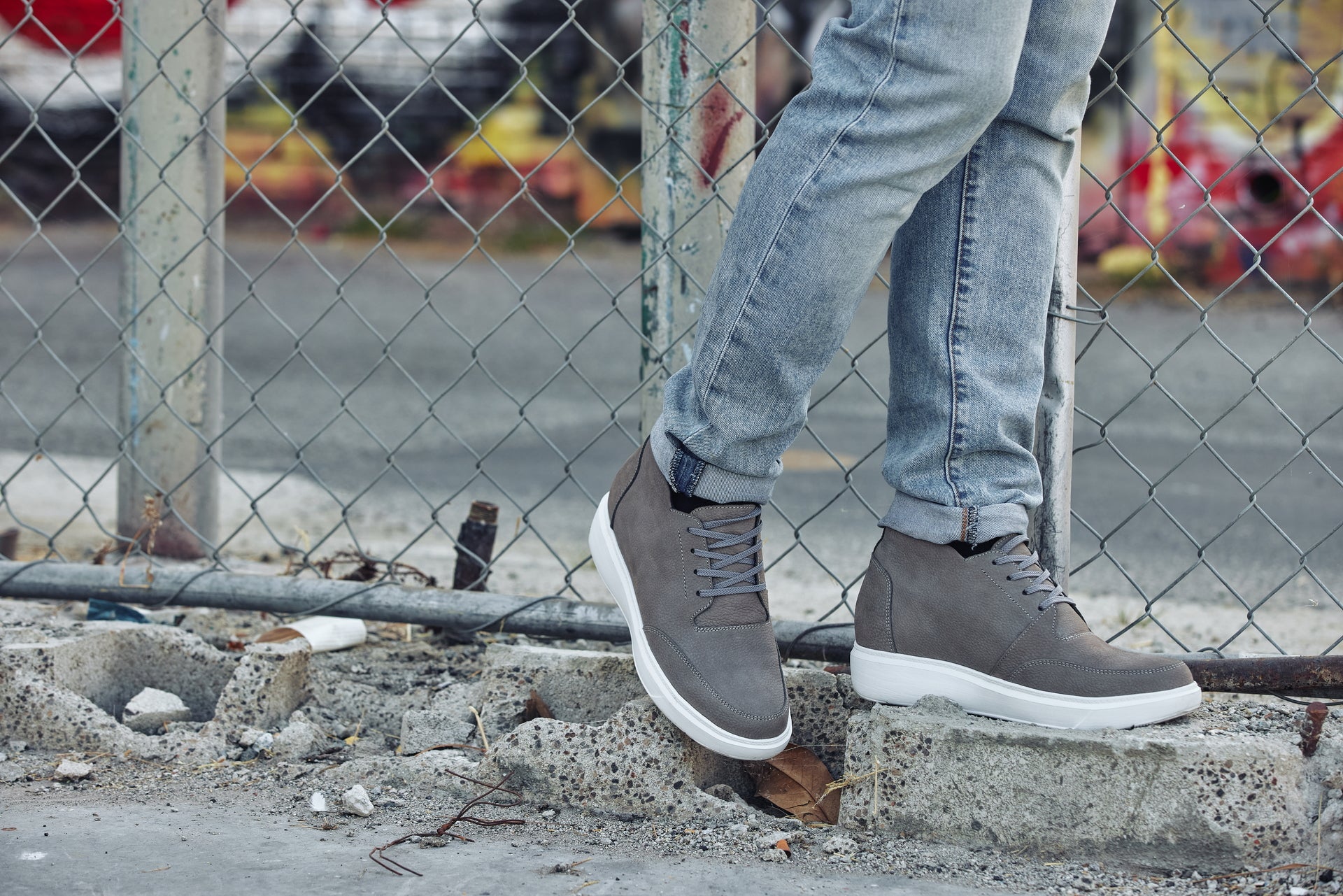 CALTO - J1771  - 3.2 Inches Taller (Grey) - Casual Chunky Sole Boots – Soft Pebble Grain Nubuck Leather - WonderingCloth