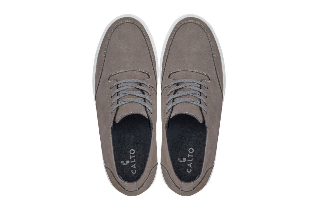CALTO - J1771  - 3.2 Inches Taller (Grey) - Casual Chunky Sole Boots – Soft Pebble Grain Nubuck Leather - WonderingCloth