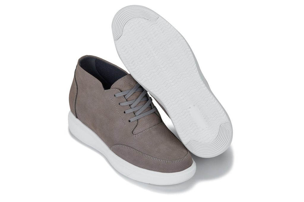 CALTO - J1771  - 3.2 Inches Taller (Grey) - Casual Chunky Sole Boots – Soft Pebble Grain Nubuck Leather - WonderingCloth