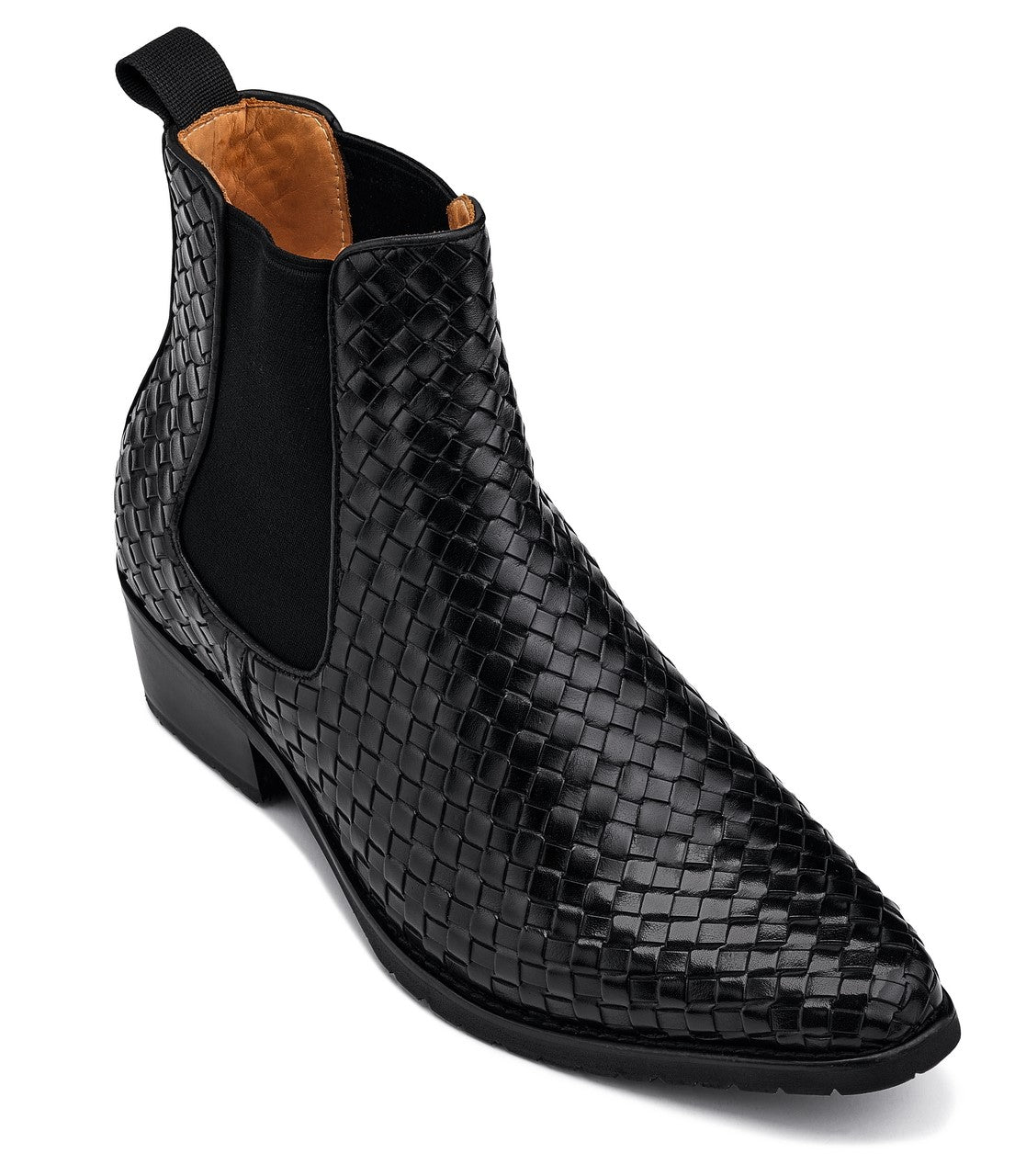 CALTO - K30521 - 3.3 Inches Taller (Black) - Woven Slip-On High-Top Chelsea Ankle Boots - WonderingCloth