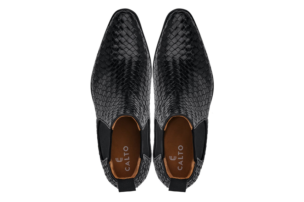 CALTO - K30521 - 3.3 Inches Taller (Black) - Woven Slip-On High-Top Chelsea Ankle Boots - WonderingCloth