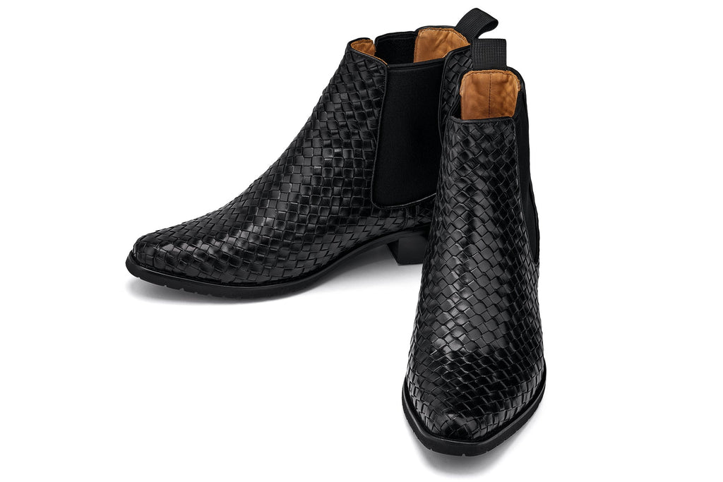 CALTO - K30521 - 3.3 Inches Taller (Black) - Woven Slip-On High-Top Chelsea Ankle Boots - WonderingCloth