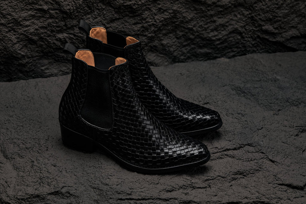 CALTO - K30521 - 3.3 Inches Taller (Black) - Woven Slip-On High-Top Chelsea Ankle Boots - WonderingCloth