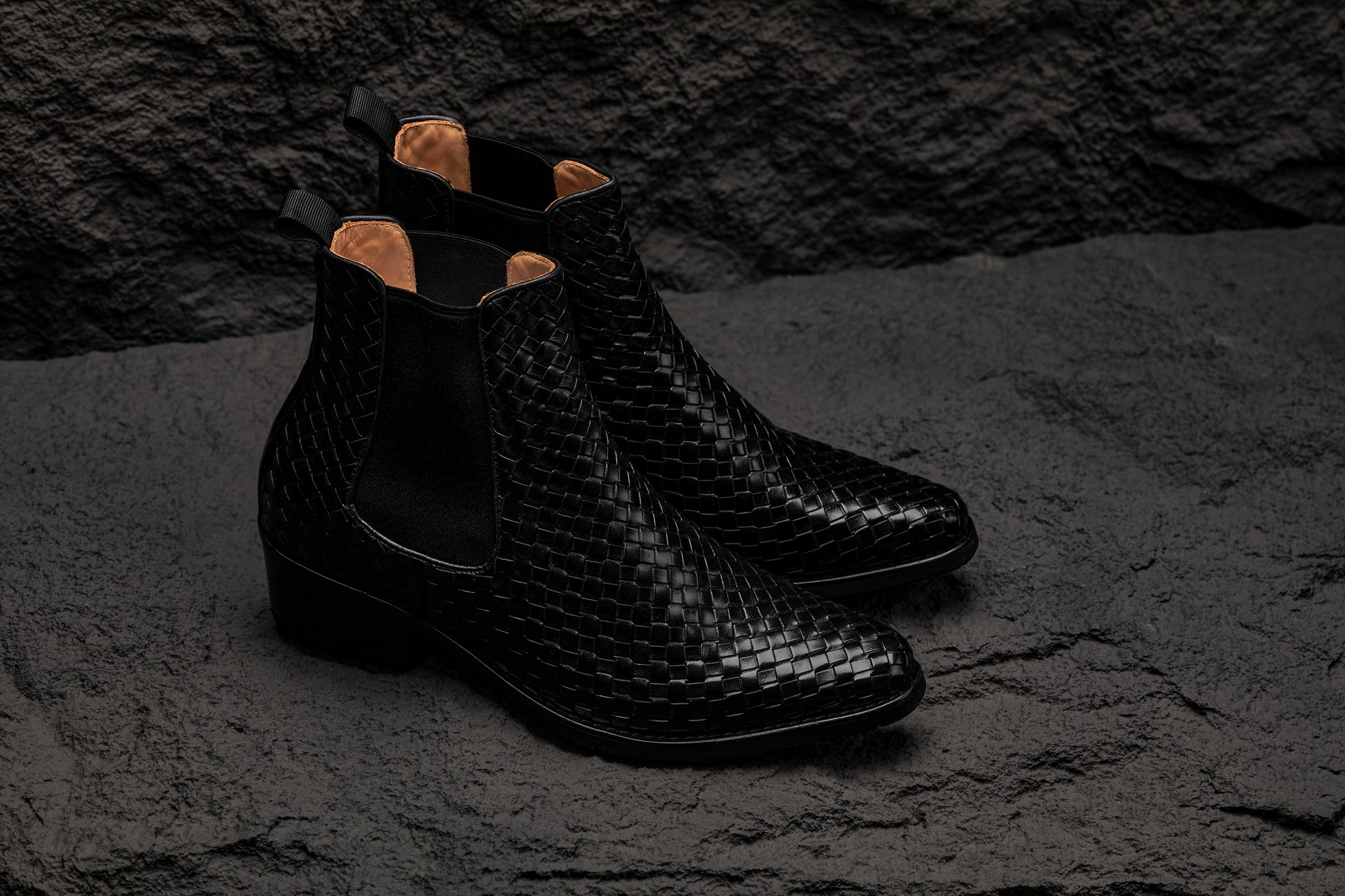 CALTO - K30521 - 3.3 Inches Taller (Black) - Woven Slip-On High-Top Chelsea Ankle Boots - WonderingCloth