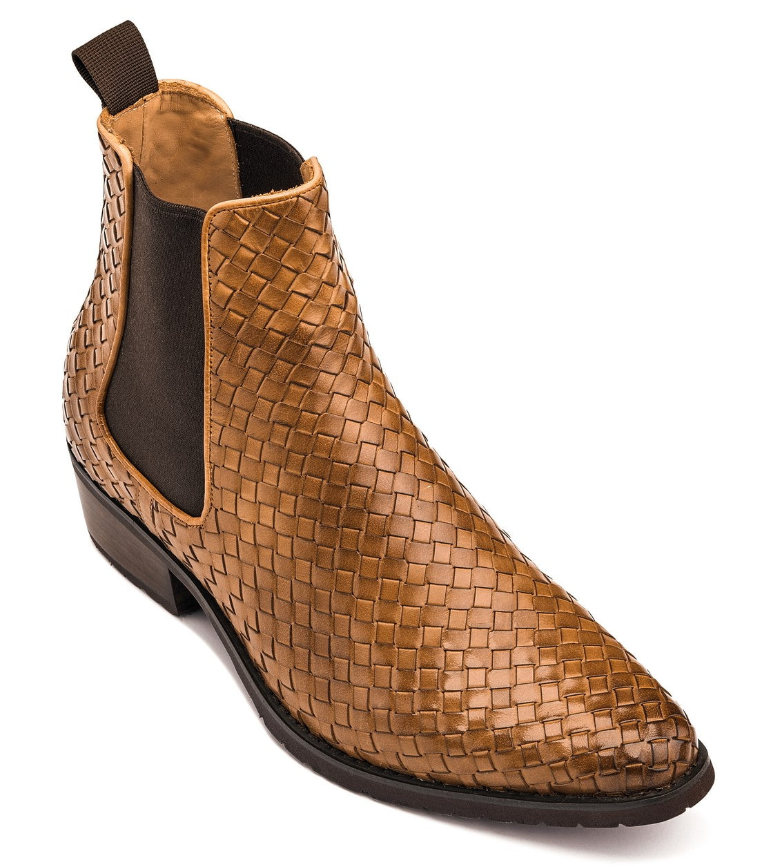 CALTO - K30522 - 3.3 Inches Taller (Brown) - Woven Chelsea High-Top Slip-On Ankle Boots - WonderingCloth
