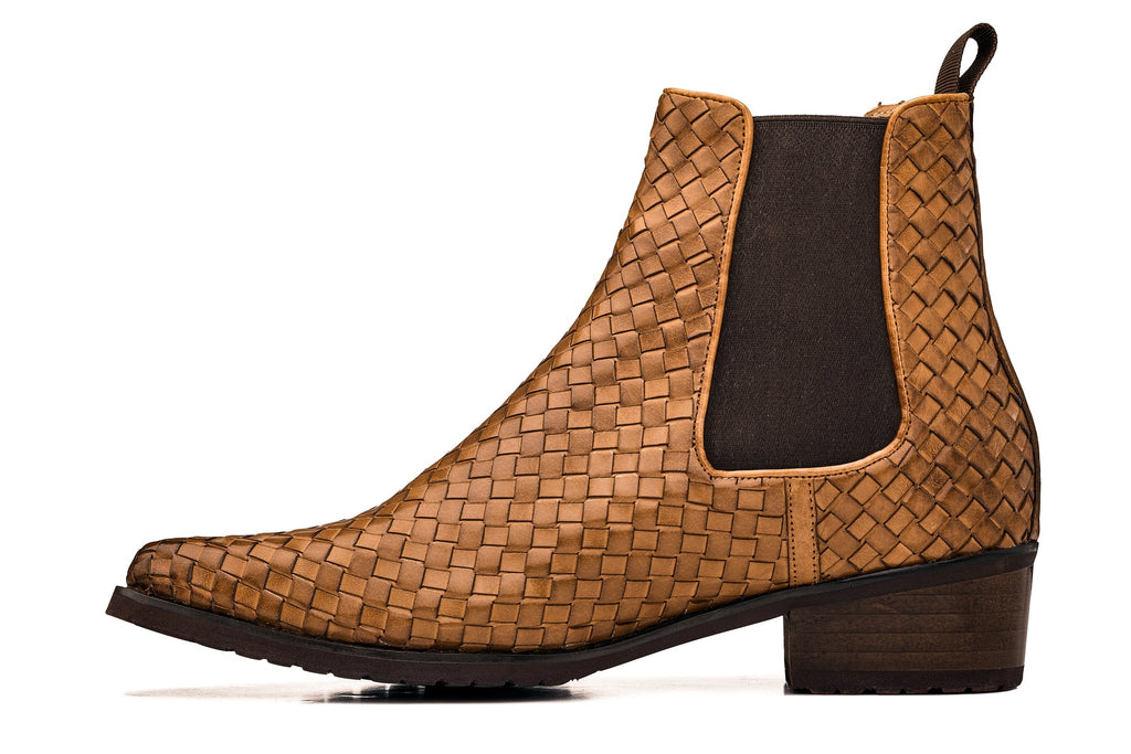 CALTO - K30522 - 3.3 Inches Taller (Brown) - Woven Chelsea High-Top Slip-On Ankle Boots - WonderingCloth