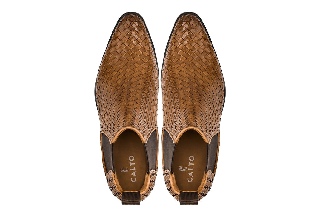 CALTO - K30522 - 3.3 Inches Taller (Brown) - Woven Chelsea High-Top Slip-On Ankle Boots - WonderingCloth