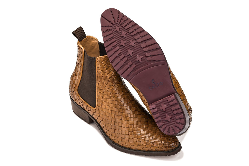 CALTO - K30522 - 3.3 Inches Taller (Brown) - Woven Chelsea High-Top Slip-On Ankle Boots - WonderingCloth