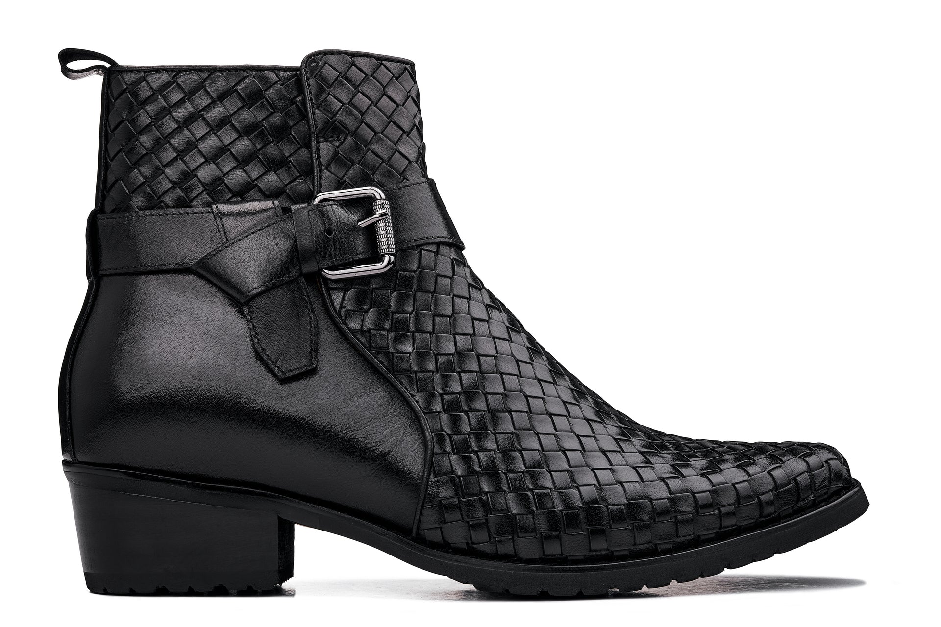 CALTO - K30523 - 3.3 Inches Taller (Black) - Woven High-Top Ankle Buckle Zipper Boots - WonderingCloth