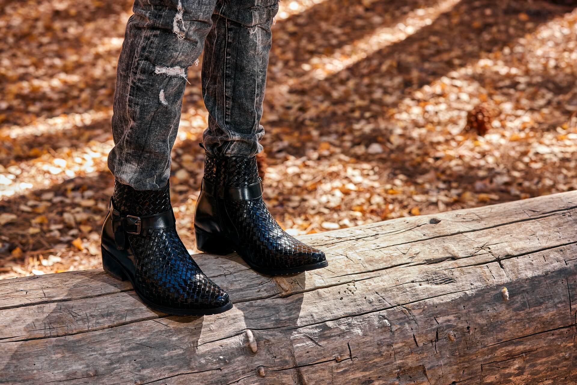 CALTO - K30523 - 3.3 Inches Taller (Black) - Woven High-Top Ankle Buckle Zipper Boots - WonderingCloth