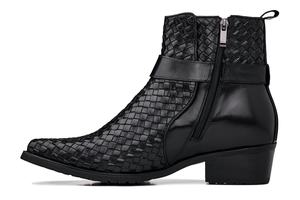 CALTO - K30523 - 3.3 Inches Taller (Black) - Woven High-Top Ankle Buckle Zipper Boots - WonderingCloth