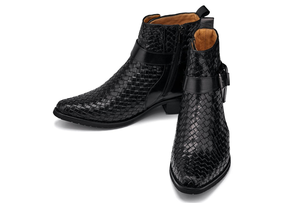 CALTO - K30523 - 3.3 Inches Taller (Black) - Woven High-Top Ankle Buckle Zipper Boots - WonderingCloth