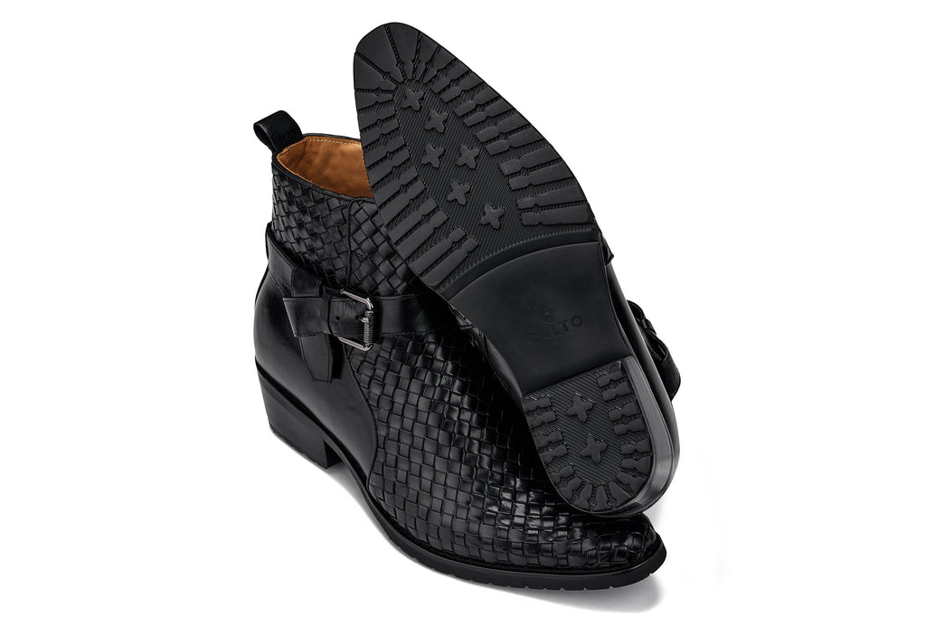 CALTO - K30523 - 3.3 Inches Taller (Black) - Woven High-Top Ankle Buckle Zipper Boots - WonderingCloth