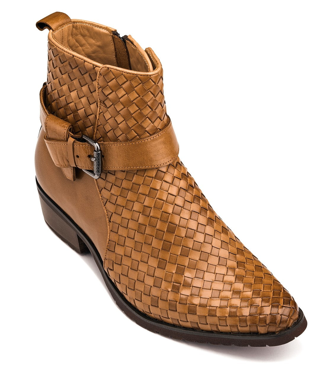 CALTO - K30524 - 3.3 Inches Taller (Light Brown) - Woven Buckle High-Top Ankle Zip-Up Boots - WonderingCloth