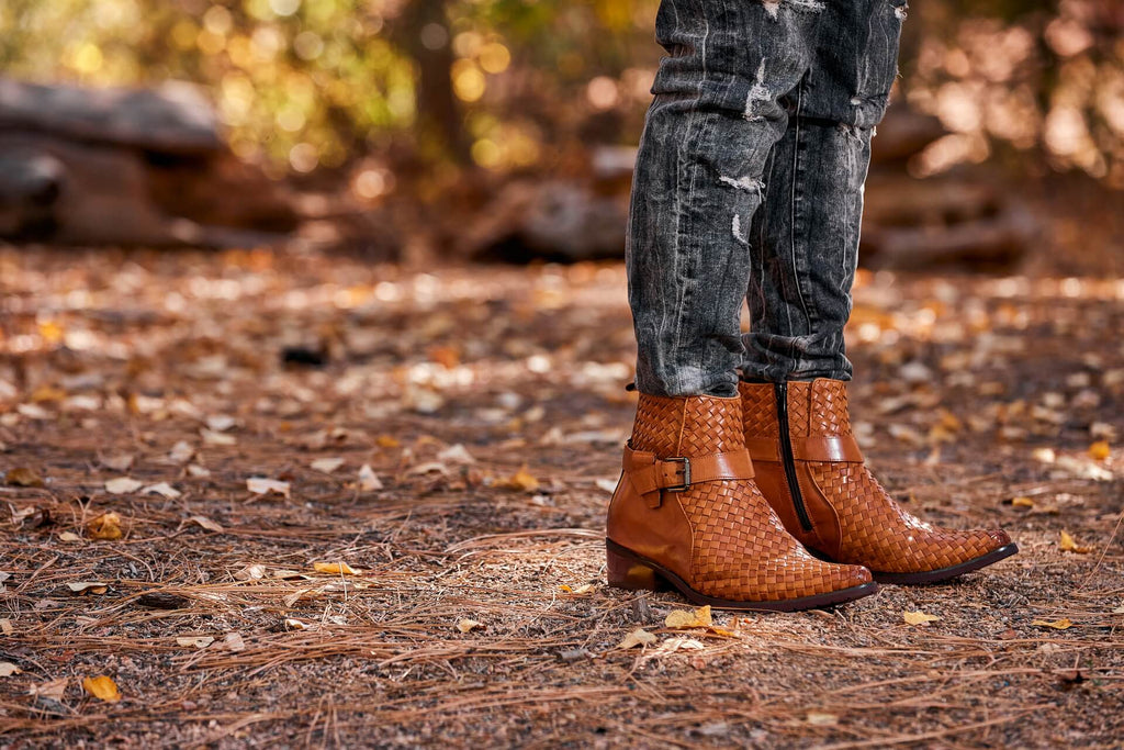 CALTO - K30524 - 3.3 Inches Taller (Light Brown) - Woven Buckle High-Top Ankle Zip-Up Boots - WonderingCloth