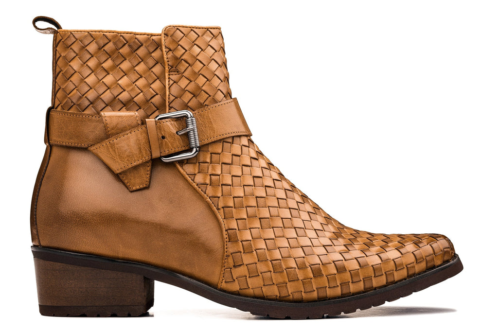 CALTO - K30524 - 3.3 Inches Taller (Light Brown) - Woven Buckle High-Top Ankle Zip-Up Boots - WonderingCloth