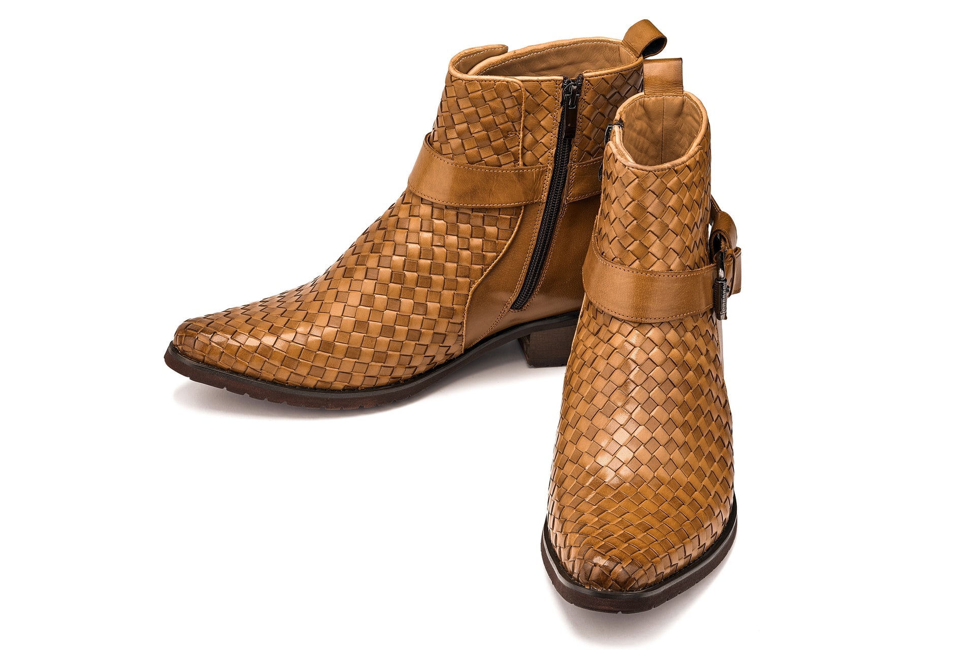 CALTO - K30524 - 3.3 Inches Taller (Light Brown) - Woven Buckle High-Top Ankle Zip-Up Boots - WonderingCloth