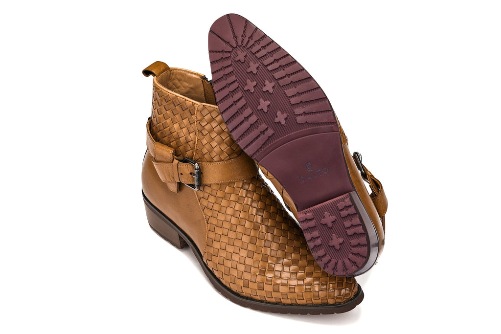 CALTO - K30524 - 3.3 Inches Taller (Light Brown) - Woven Buckle High-Top Ankle Zip-Up Boots - WonderingCloth