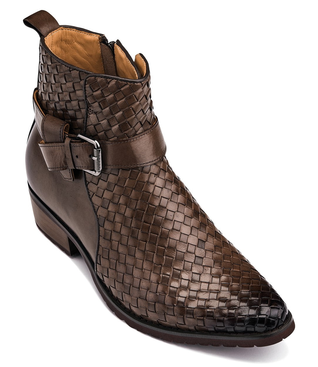 CALTO - K30525 - 3.3 Inches Taller (Coffee Brown) - Woven High-Top Buckle Zipper Ankle Boots - WonderingCloth