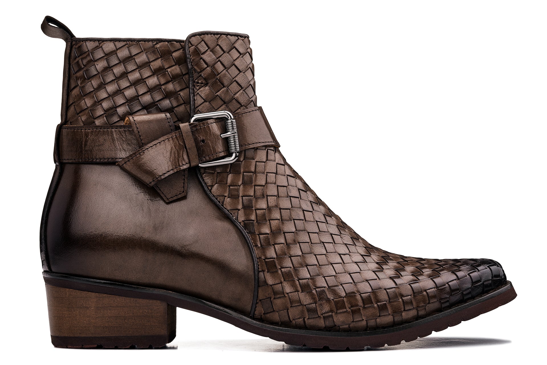 CALTO - K30525 - 3.3 Inches Taller (Coffee Brown) - Woven High-Top Buckle Zipper Ankle Boots - WonderingCloth