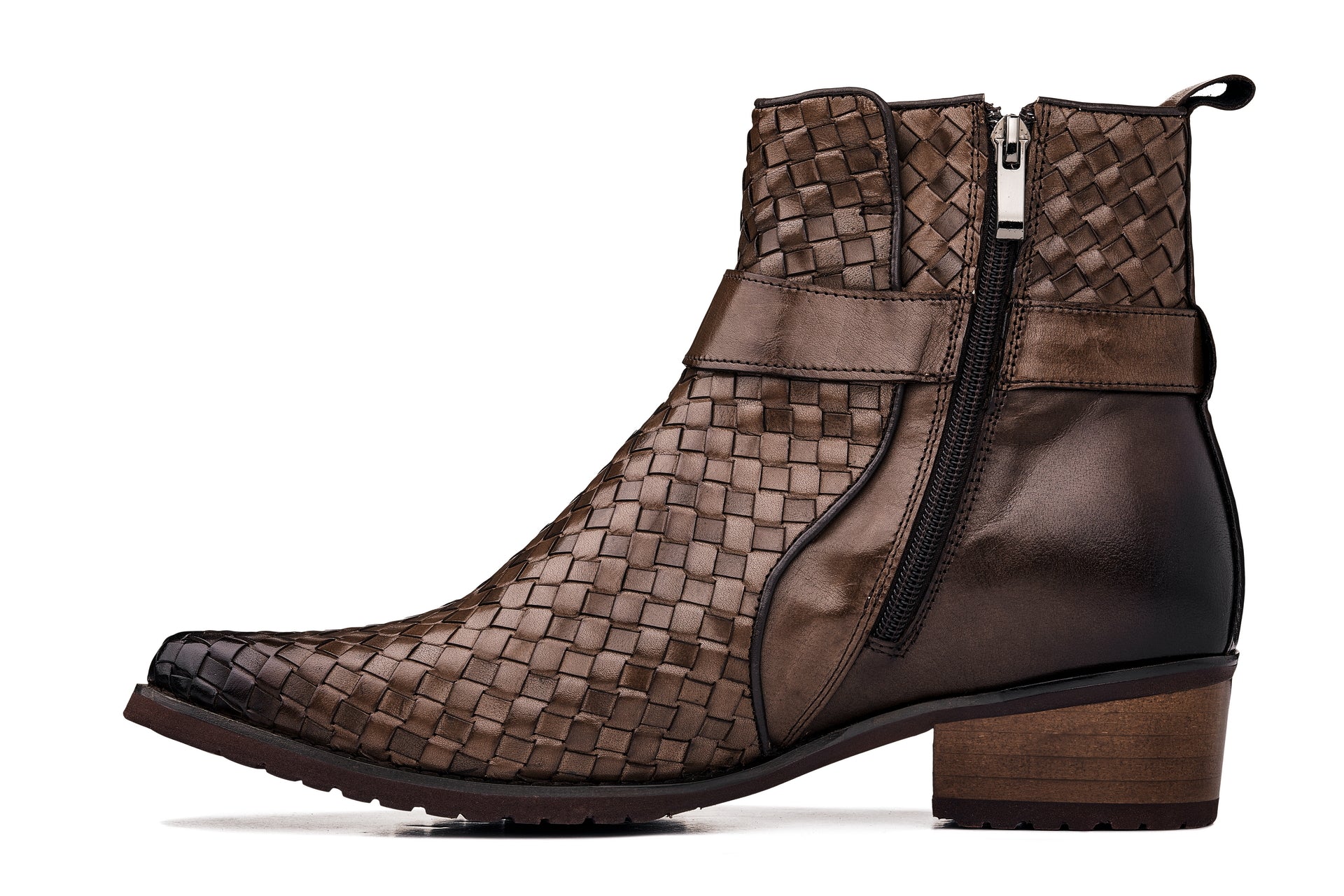 CALTO - K30525 - 3.3 Inches Taller (Coffee Brown) - Woven High-Top Buckle Zipper Ankle Boots - WonderingCloth
