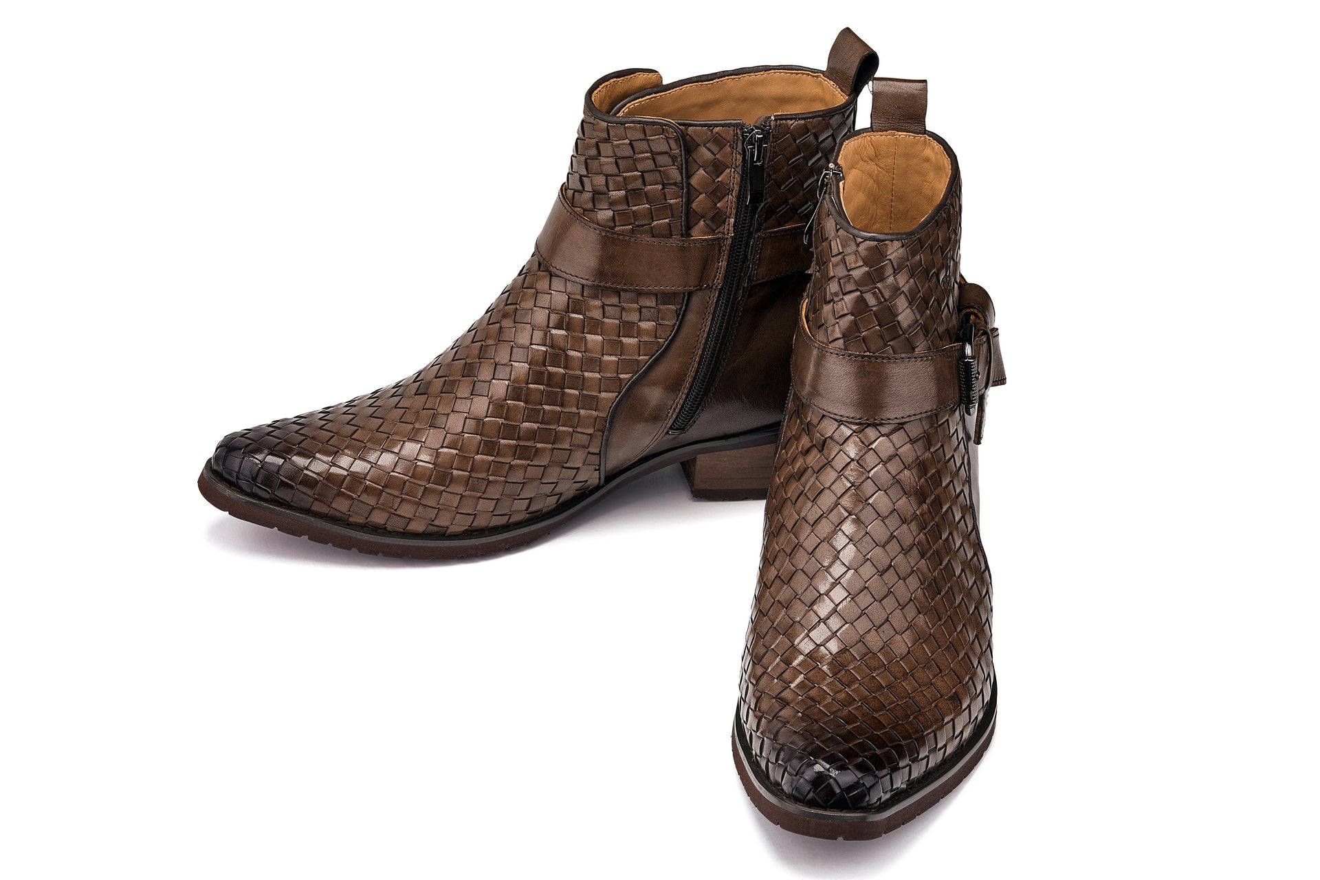 CALTO - K30525 - 3.3 Inches Taller (Coffee Brown) - Woven High-Top Buckle Zipper Ankle Boots - WonderingCloth