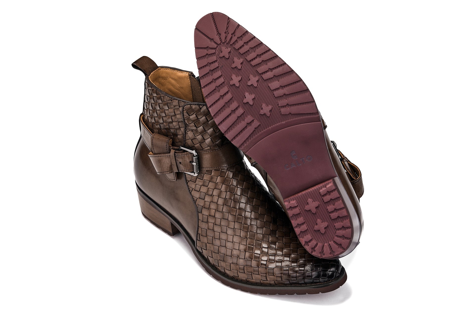 CALTO - K30525 - 3.3 Inches Taller (Coffee Brown) - Woven High-Top Buckle Zipper Ankle Boots - WonderingCloth