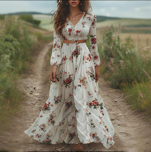 Autumn V neck Long Sleeve Printed Dress Woman - WonderingCloth