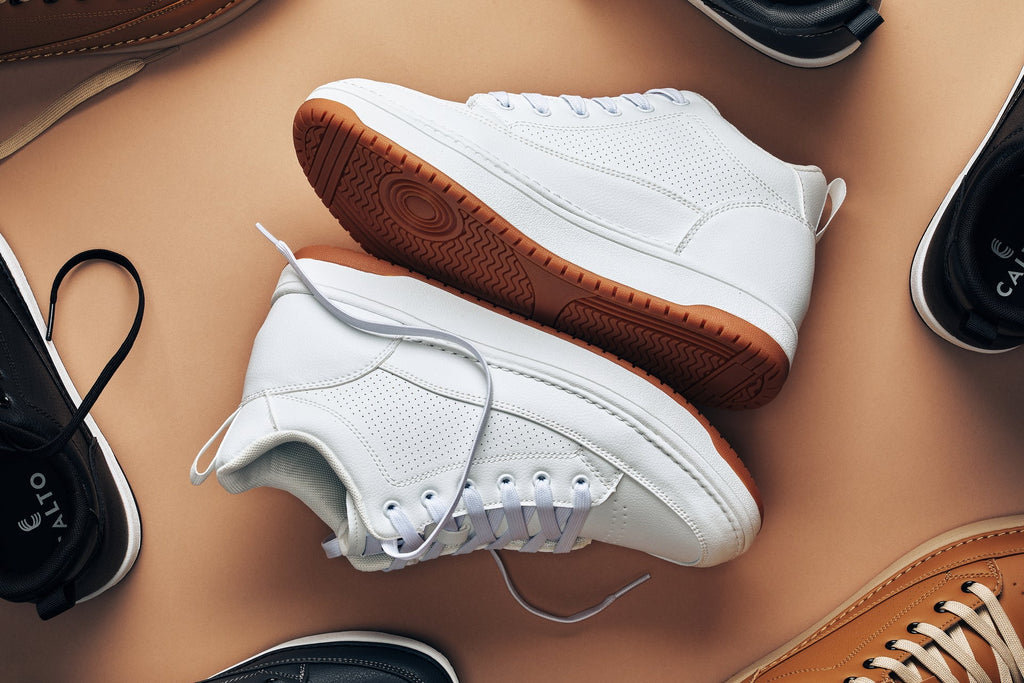 CALTO - Q272  - 2 Inches Taller (White & Gum Sole) -Elevated Leatherette Micro-Perforated Sneakers - WonderingCloth
