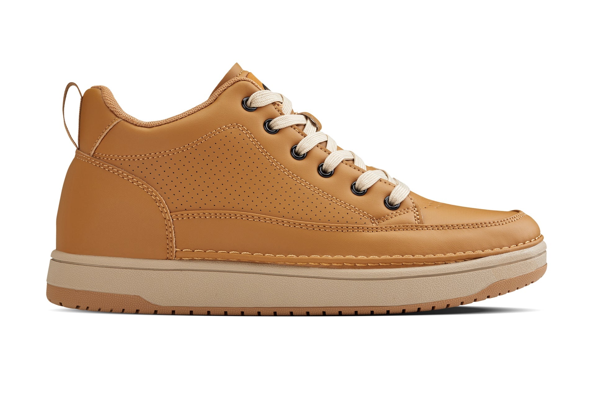 CALTO - Q274  - 2 Inches Taller (Camel Brown & Gum Sole) - Elevated Leatherette Micro-Perforated Sneakers - WonderingCloth