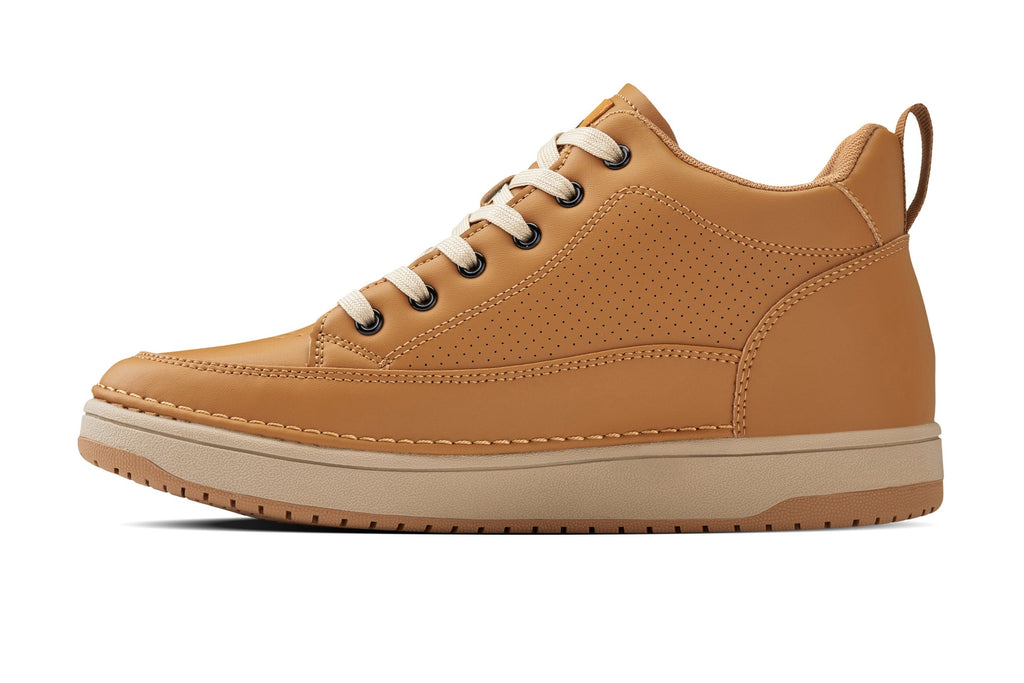 CALTO - Q274  - 2 Inches Taller (Camel Brown & Gum Sole) - Elevated Leatherette Micro-Perforated Sneakers - WonderingCloth