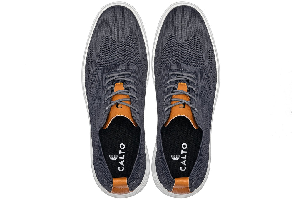 CALTO - X2636 - 2.8 Inches Taller (Iron Grey/Brown) - Lace Up Casual Walker - Lightweight - WonderingCloth