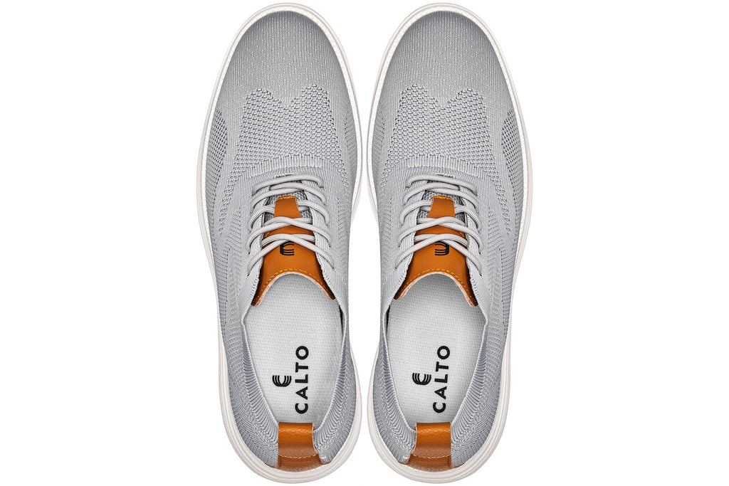 CALTO - X2637 - 2.8 Inches Taller (Pewter Grey/Brown) - Lace Up Casual Walker - Lightweight - WonderingCloth