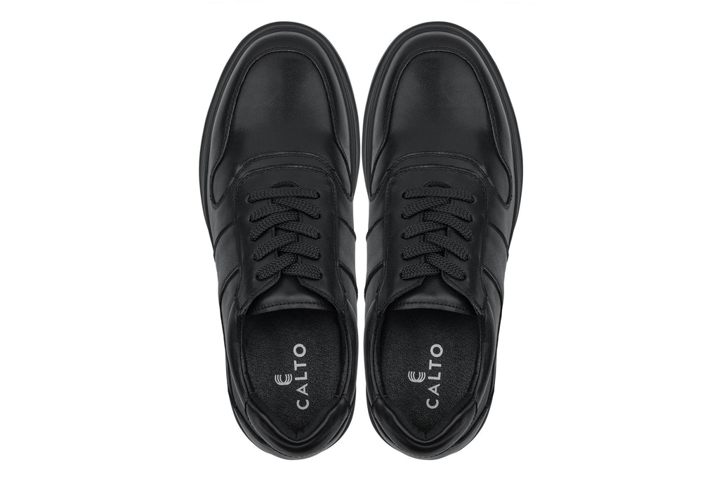 CALTO - Y7080 - 2.8 Inches Taller (Black) - Lightweight Nappa Leather Sneakers - WonderingCloth