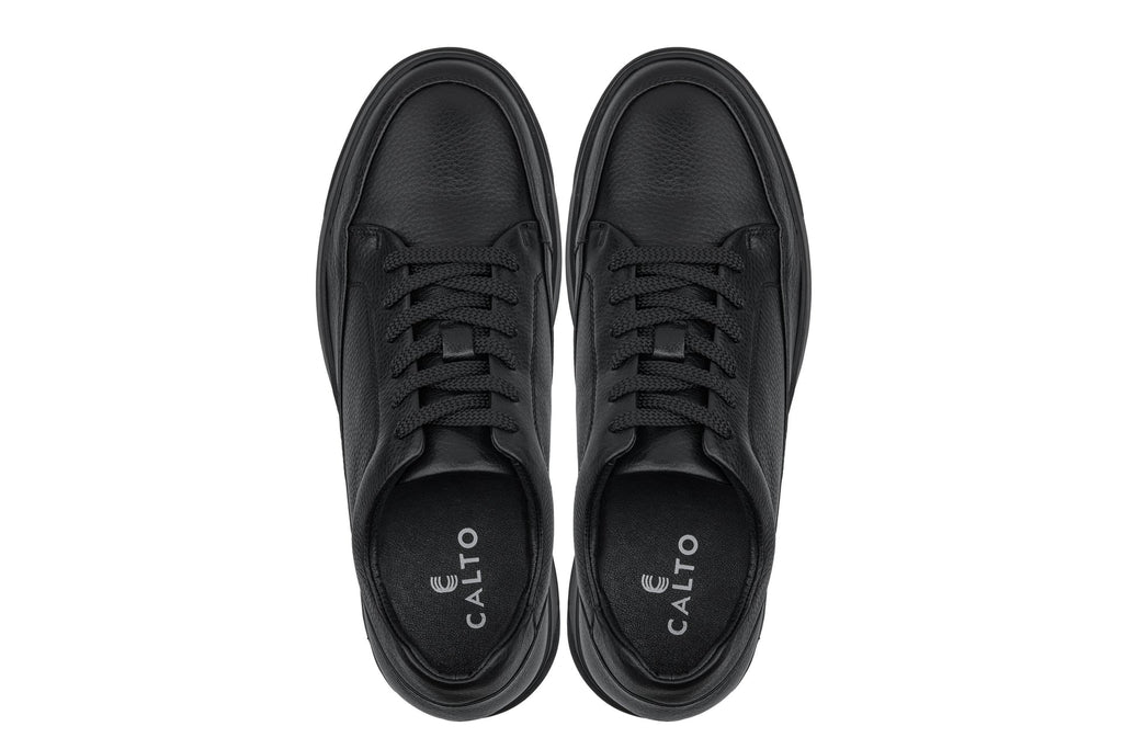 CALTO - Y7111 - 2.6 Inches Taller (Black) - Elevated Pebble Grain Leather Sneakers - WonderingCloth