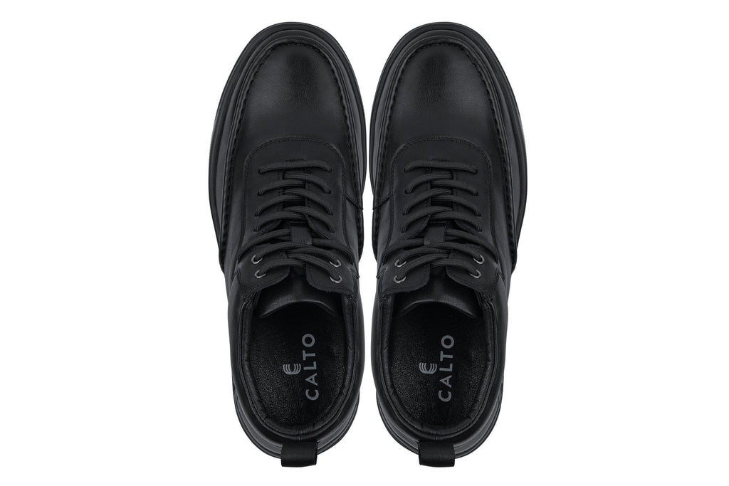 CALTO - Y7112 - 2.8 Inches Taller (Black) - Nappa Leather Moc-Toe Sneak-Boots - WonderingCloth