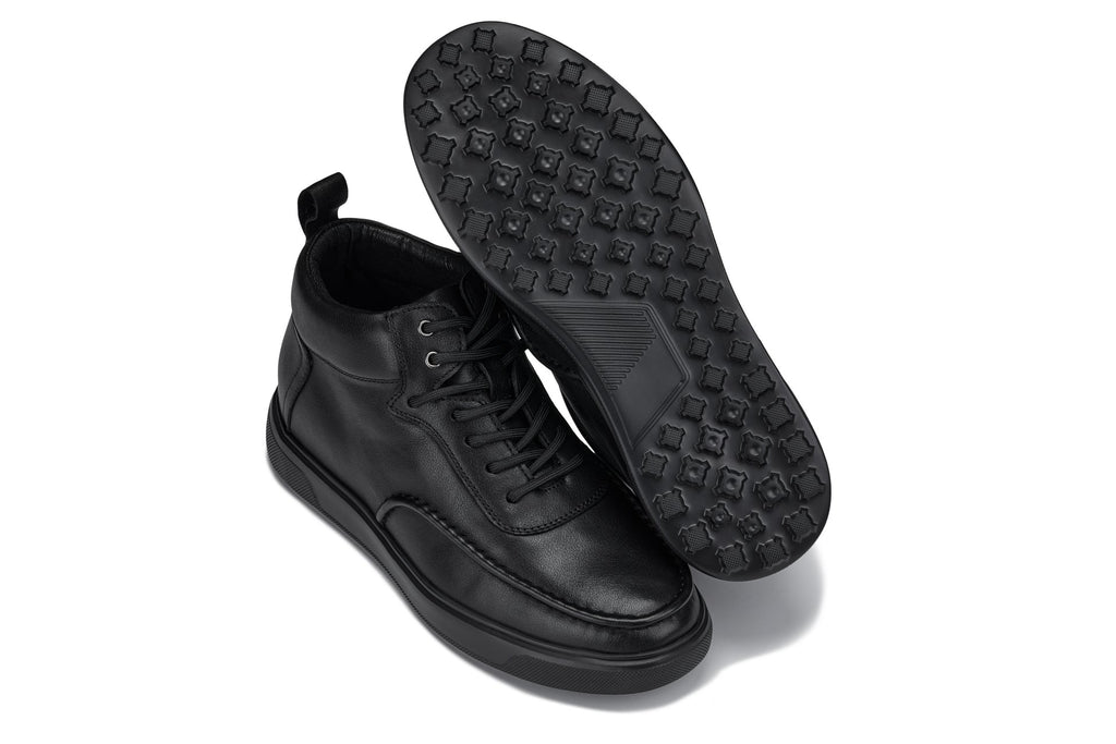 CALTO - Y7112 - 2.8 Inches Taller (Black) - Nappa Leather Moc-Toe Sneak-Boots - WonderingCloth