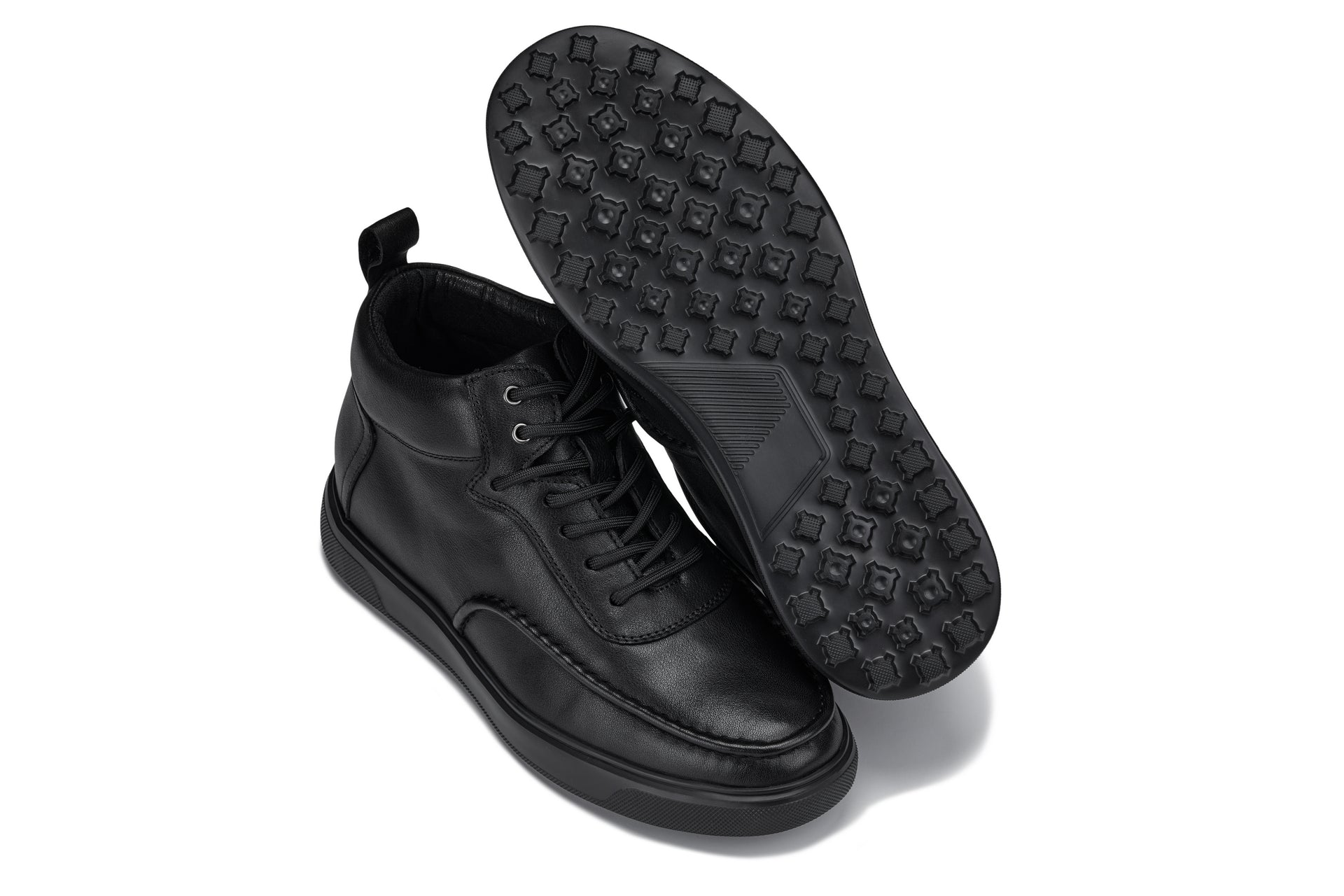 CALTO - Y7112 - 2.8 Inches Taller (Black) - Nappa Leather Moc-Toe Sneak-Boots - WonderingCloth